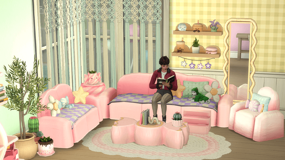 Indulge in plush bubblegum seating and sweet pastel decor.